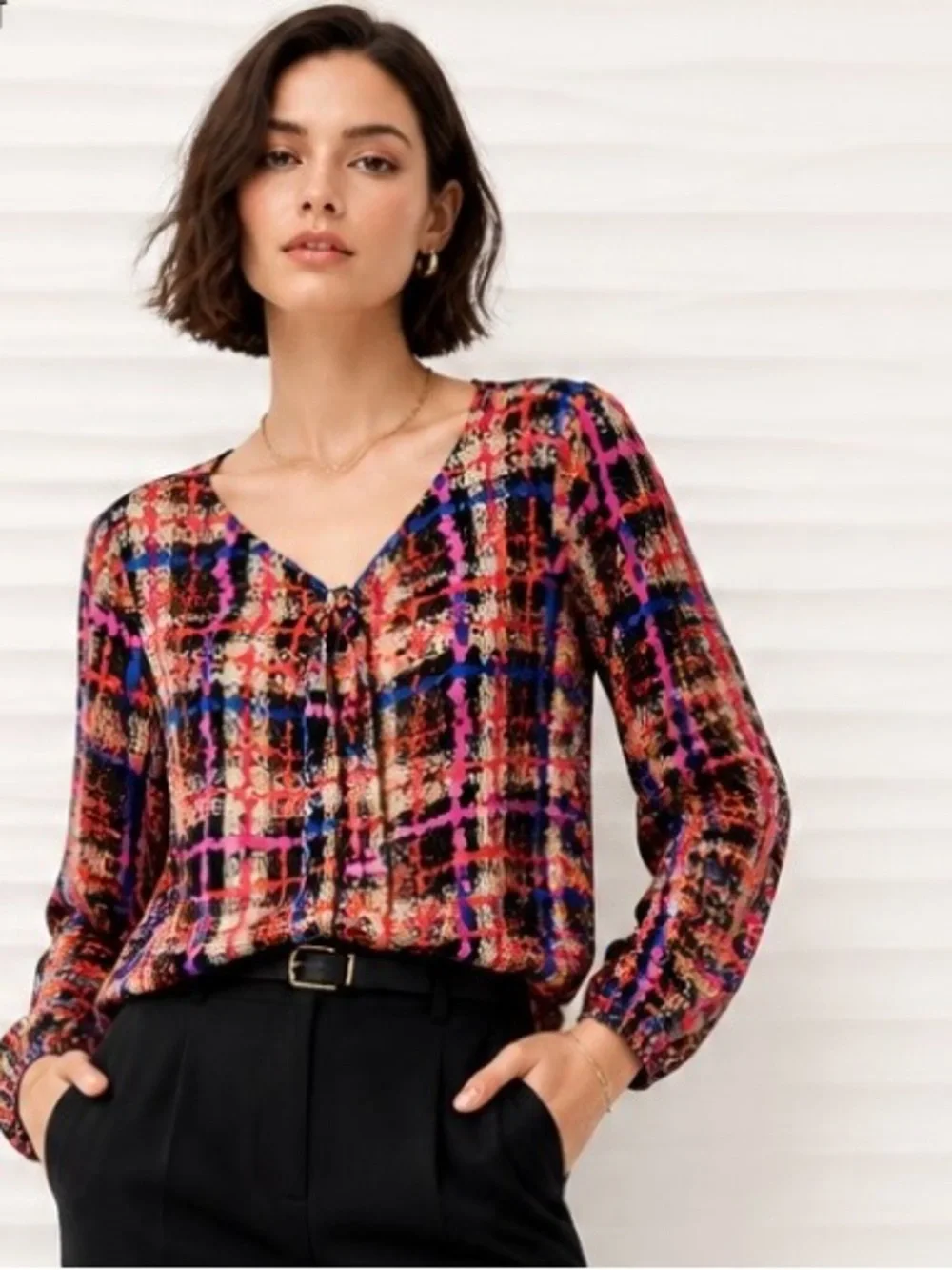 J CREW Collection Bow Blouse In Electric Plaid Silk Tie Blue Black Long Sleeves